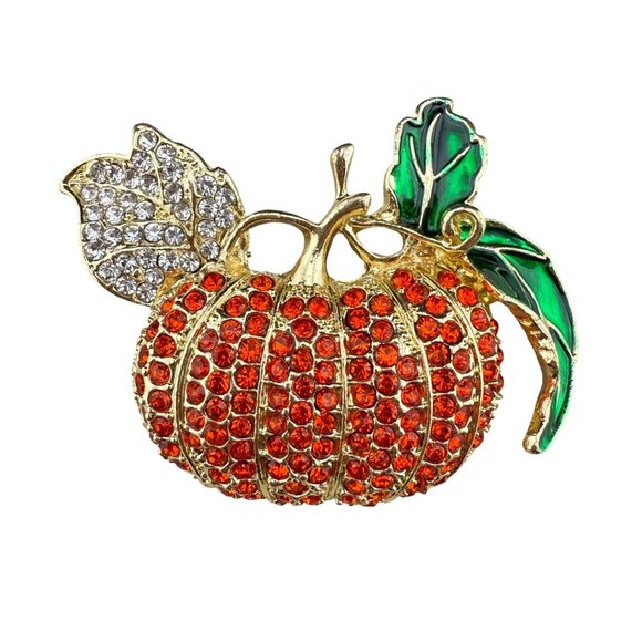 Sparkling Crystal Pumpkin Brooch Pin With Orange & Green Embellished Accents - Picture 1 of 6
